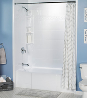 ceramic bathtub with white shower curtain